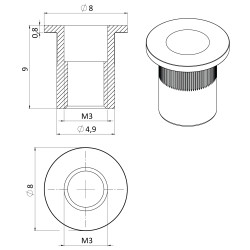 AISI304 nitovacia matica M3, plochá, rýhovaný driek, L-8mm AISI304 nitovacia matica M3, plochá, rýhovaný driek, L-8mm